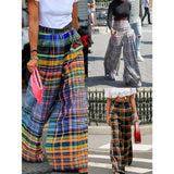 YESMYTOOL  -  Colorful Plaid Wide Leg Pants for Women 2024 Autumn New Checkerboard Printed Loose Casual Mid Waist Trousers Bottoms Streetwear