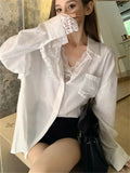 YESMYTOOL  -  Fashion New Solid White Shirts With Lace Bottoming Tees Summer Women Gentle New 2024 Office Lady Daily Loose Mujer Slim