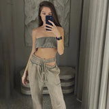 YESMYTOOL  -  Vintage Hollow Out Design Wide Leg Pants Gray Loose Casual Sports Pants For Women High Waist Wide Leg Sweatpants Women Clothing