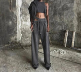 YESMYTOOL  -  Vintage Hollow Out Design Wide Leg Pants Gray Loose Casual Sports Pants For Women High Waist Wide Leg Sweatpants Women Clothing