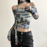 YESMYTOOL  -  Y2K Coquette Mesh Printed Slash Neck Crop Tops 2000s Aesthetics Long Sleeve Slim T-Shirt Chic Streetwear Woman Clothing