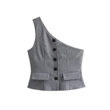 YESMYTOOL  -  Vintage Women Grey Top 2024 Fashion Summer Casual Sweat French Tank Top Button Pocketed Sloping Shoulder Sleeveless Waistco