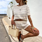 YESMYTOOL  -  New 2024 Striped Knitted Two Piece Sets Summer Women's O-neck Top with Shorts Suit Fashion Color Blocking Slim Fit Beach Outfits