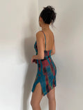 YESMYTOOL  - Pure Desire Spicy Girl Tie Dyed Double-layer Mesh Printed Slim Fitting Suspender Dress, Checkered Sexy Buttocks Wrapped Skirt