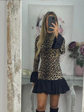 YESMYTOOL  -  Leopard Print Patchwork Trumpet Sleeve Dress Women Sexy Slim Pleated Hem Dresses 2024 New Autumn Female New Party Highstreet