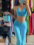 YESMYTOOL  -  Y2K Streetwear Sexy Bandage Blue Co-ord Suits 2000s Fashion Drawstring Halter Top and High Waist Flare Pants 2 Piece Set