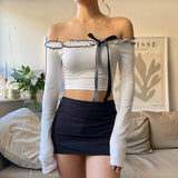 YESMYTOOL  -   Fashion Chic Bow Skinny Crop Tops Off Shoulder Ruched Streetwear Bow Frills Party Women's T-shirts Spring Korean Cute