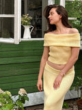 YESMYTOOL  -  Knitted Ribbed Women's Skirt Set Off Shoulder Cropped Tops Long Skirt Sexy Evening 2024 Autumn New Yellow High Waist Knit Suit