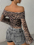 YESMYTOOL  -  Leopard Printed Mesh T-shirt Top For Women Off-Shoulder Long Sleeve Cropped Y2k Top Pullover Contrast Female Slim Tee 2024