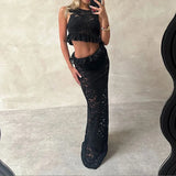 YESMYTOOL  -  Women Sexy Hottie Sleeveless Party Dress 2024 Elegant Lace Fringe Ruffle Slim Dress Fashion O-Neck Hollow Out Solid Long Dresses