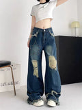 YESMYTOOL  -  Women's Broken Hole Tassel Star Jeans Young Girl Straight Denim Trousers Vintage Street Style Bottoms Female High Waisted Pants