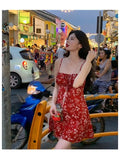 YESMYTOOL  -  Dress Holiday Summer Women's 2024 Elegant Vintage Phuket Girl Red Floral Sling Vacation Hot Girl Style Short Female Y2k Dresses.