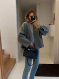 YESMYTOOL  -  Casual Single Button Woolen Coat Women 2024 Long Sleeve Loose Short Autumn Winter Coat Female Elegant Grey Chic V-neck Coats