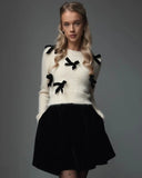 YESMYTOOL  -   Fall Winter Knitted Bow Detail White Sweaters Tops Round Neck Long Sleeve Top Chirstmas Casual Outfits Streetwear