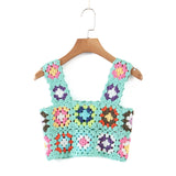 YESMYTOOL  -  Summer Hollow Out Crochet Top Women Cute Cropped Tops Retro Cool Girl Rainbow Short Tee Holiday Top and Tees