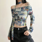 YESMYTOOL  -  Y2K Coquette Mesh Printed Slash Neck Crop Tops 2000s Aesthetics Long Sleeve Slim T-Shirt Chic Streetwear Woman Clothing