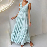 YESMYTOOL  -  Women High Waist Holiday Beach Dress Summer Solid Color Princess Sleeve Long Dress Elegant V Neck Sleeveless Pleated Party Dress