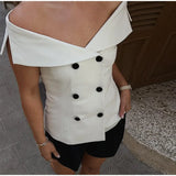 YESMYTOOL  -  Slim Off Shoulder Double-breasted Waistcoat Women Sexy Sleeveless Vest 2024 Summer Autumn Ladies Fashion Elegant Tops Streetwear