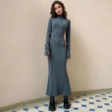 YESMYTOOL  - Zipper Turtleneck Long Dresses For Women 2024 Elegant Fashion Autumn Winter Outfits Ribbed-knit Long Sleeve Dress