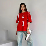 YESMYTOOL  - Bow Sweet Fashion Women Summer T-shirts Round Neck Short Sleeve Chic Luxury Tee Cotton Casual Streetwear Loose Female Tops