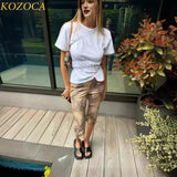 YESMYTOOL  -Kozoca Summer Unique Women‘s T-shirt Basic Fashion O-neck Elastic Pleated Tops White Lady Short Sleeve Casual Shirts for Women