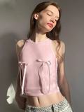 YESMYTOOL  -  Mesh Patchwork Satin Bows Crop Tank Top Women Crew Neck Sleeveless Slim Versatile Vest Hottie Sweet Pink Streetwear