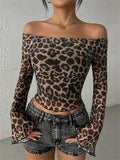 YESMYTOOL  -  Leopard Printed Mesh T-shirt Top For Women Off-Shoulder Long Sleeve Cropped Y2k Top Pullover Contrast Female Slim Tee 2024