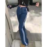 YESMYTOOL  - Blue Jeans Women Stripe Streetwear Fashion Y2K High Waist American Wide Leg Pants Denim Female Pants Autumn Straight Trousers