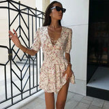 YESMYTOOL  -  V-neck Lace Up Floral Mini Dress For Women Short Sleeve Ruffled Splice Sweet Beach Holiday Dress Party Female Summer New