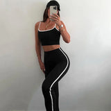 YESMYTOOL  -  Sports Vcasual Fashion Trousers Set Hanging Strap Open Navel Sleeveless Tank Top High Waist Pants Contrast Color Suit