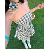 YESMYTOOL  -  Blue Plaid Mini Dress Women Sexy Backless Bodycon Strapless Dresses Summer Fashion Vintage Pleated Party Dress 2024 Y2K Outfits