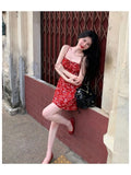 YESMYTOOL  -  Dress Holiday Summer Women's 2024 Elegant Vintage Phuket Girl Red Floral Sling Vacation Hot Girl Style Short Female Y2k Dresses.