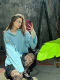 YESMYTOOL  -  Chic Blue Pearls Decor Lapel V Neck Knitted Pullover Women Elegant Flare Long Sleeve Casual Sweater 2024 Lady New Loose Knitwear