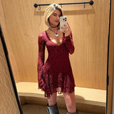 YESMYTOOL  -  V Neck Lace Hollow Sexy Dress Female Fashion Long Sleeve Outfits Solid Elegant Club Casual Party Dress Ladies High Waist