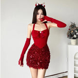 YESMYTOOL  -  Red Mini Christmas Dress Women Fashion Bow Sequin Patchwork Bodycon Dresses Sexy Halter Backless Evening Party Dress 2024