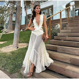 YESMYTOOL  -  Sexy Tassel Patchwork Long Dress Women See Through Fashion Deep V Neck Sleeveless Dresses 2024 Summer Backless Party Robes