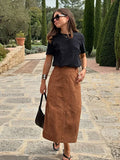 YESMYTOOL  -  Vintage Brown Suede Leather Skirt For Women Fashion High Waist Slim A-line Skirts Autumn New Lady Office All-match Streetwear