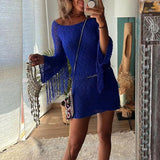 YESMYTOOL  -  Elegant Solid Color O Neck Mini Dress Summer Tassel Long Sleeve Knitted Slim Party Dress Temperament Holiday Beach Short Dresses