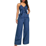 YESMYTOOL  - Summer Women Denim Jumpsuit Fashion High Waist Wide Leg Long Pants Romper Front Tie Knotted Jeans V-neck Overalls Playsuits