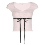 YESMYTOOL  - Korean Folds Pink Slim Stripe Summer T-shirts Women Coquette Clothes Cutecore Crop Top Pink Sweet Tee Shirts Fashion