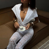 YESMYTOOL  -  Lace Hollow Out Sexy See-Through Hooded Jumpsuit For Women Slim V Neck Backless Top Flared Pants White Female Jumpsuit