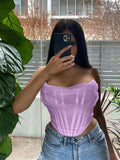 YESMYTOOL  -  Boning Mesh Corset Tops Women Slash Neck Backless Ruched Sexy Summer Crop Top Pink Strapless Tank Top Lavender Cropped