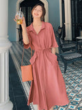 YESMYTOOL  -  Elegant Vintage Long Dress Women Summer Loose Casual Shirt Dresses Office Lady Solid High Street Korean Fashion Robe