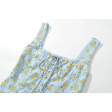 YESMYTOOL  -  Vintage Blue Floral Print Summer Tank Top Women Front Button Bow Square Neck Sleeveless Crop Top