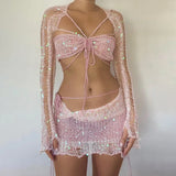 YESMYTOOL  -  Knitted Skirt Sets Sequins Two Pieces Set Long Sleeve Crop Top and Skirt Suit Glitter Sets Sexy Crochet Matching Sets for Women