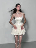 YESMYTOOL  -   Elegant Fairy Dress Women Summer High Waist White Lace Party Mini Dresses Spaghetti Strap Streetwear Korean Fashion