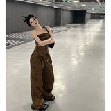 YESMYTOOL  - Women Brown Casual Pants Vest Sleeveless Vintage Fashion Straight American Wide Leg Pants Female 2024 Summer Solid Trouser