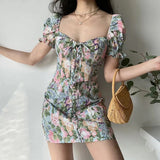 YESMYTOOL   - Woman's Hotsweet Dresses Lolita Style A-LINE slash neck Petal Sleeve Miniskirt Printing Slim female clothing