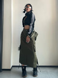 YESMYTOOL  -  Long Cargo Skirt Women Y2k Streetwear Vintage Pocket High Waist Side Split Shirring Casual Straight Skirt Korean Faldas