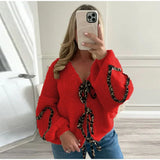 YESMYTOOL -  Fall Outfits 2024 Leopard Lace Up Cardigans Women Loose Long Lantern Sleeve V-neck Heart Print Patchwork Sweater 2024 Autumn Solid Female Knitwear